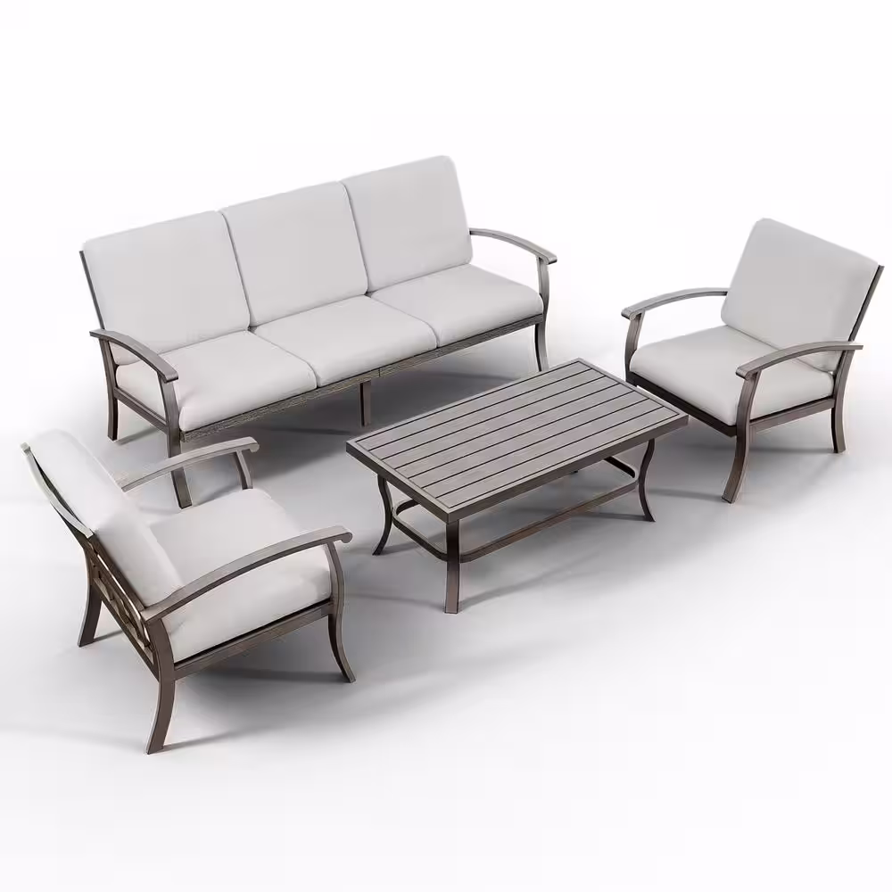 None 5-Person Aluminum Patio Conversation Set with Coffee Table and Light Gray Cushions