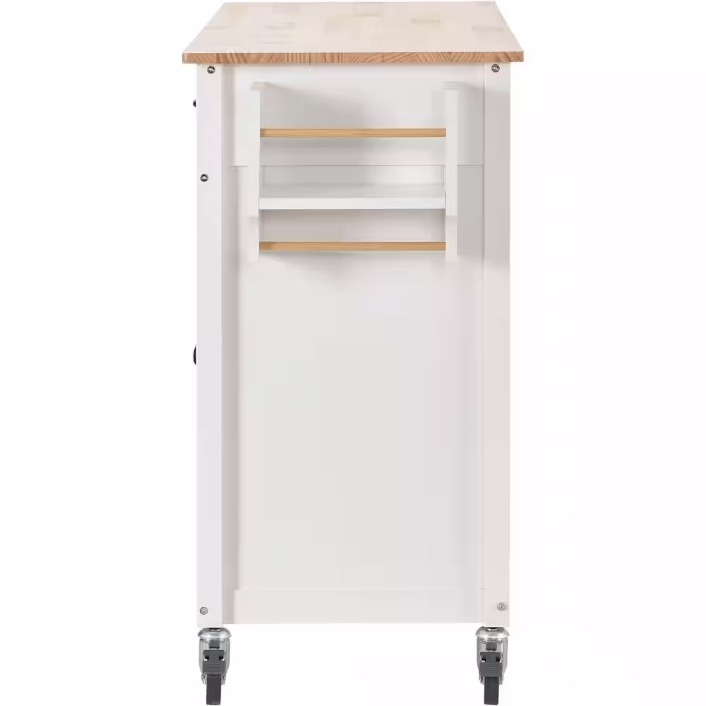 None White Rolling Kitchen Island Cart with Rubber Wood Top and Locking Wheels (54 in. W)