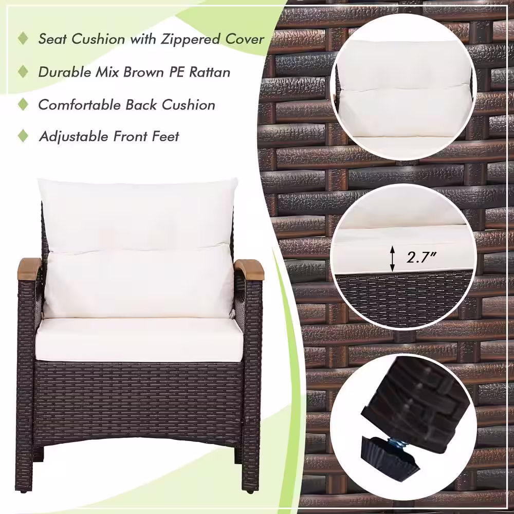 Costway 3-Piece Patio Rattan Furniture Set Wooden Armrest Table Top Cushioned Deck in Off White