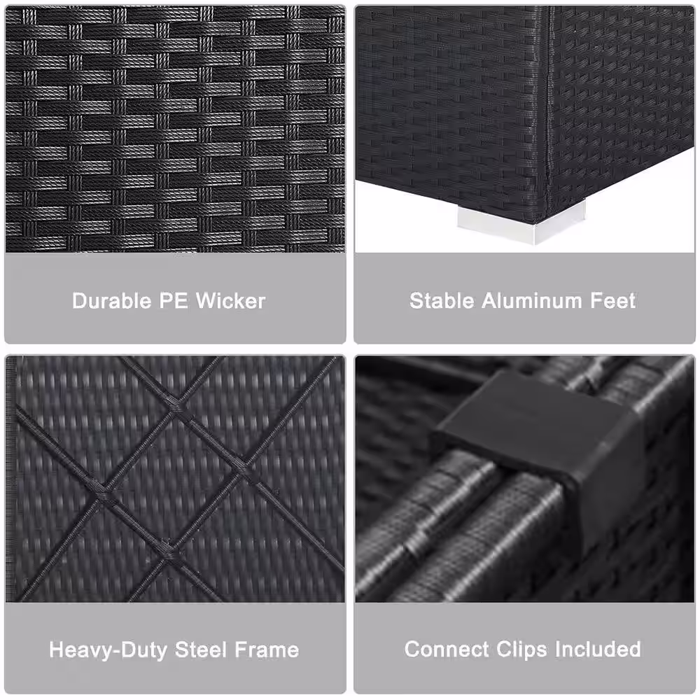 None 7-Piece Rattan Patio Conversation Sectional Furniture Set w/White/Navy Cushion Pillow