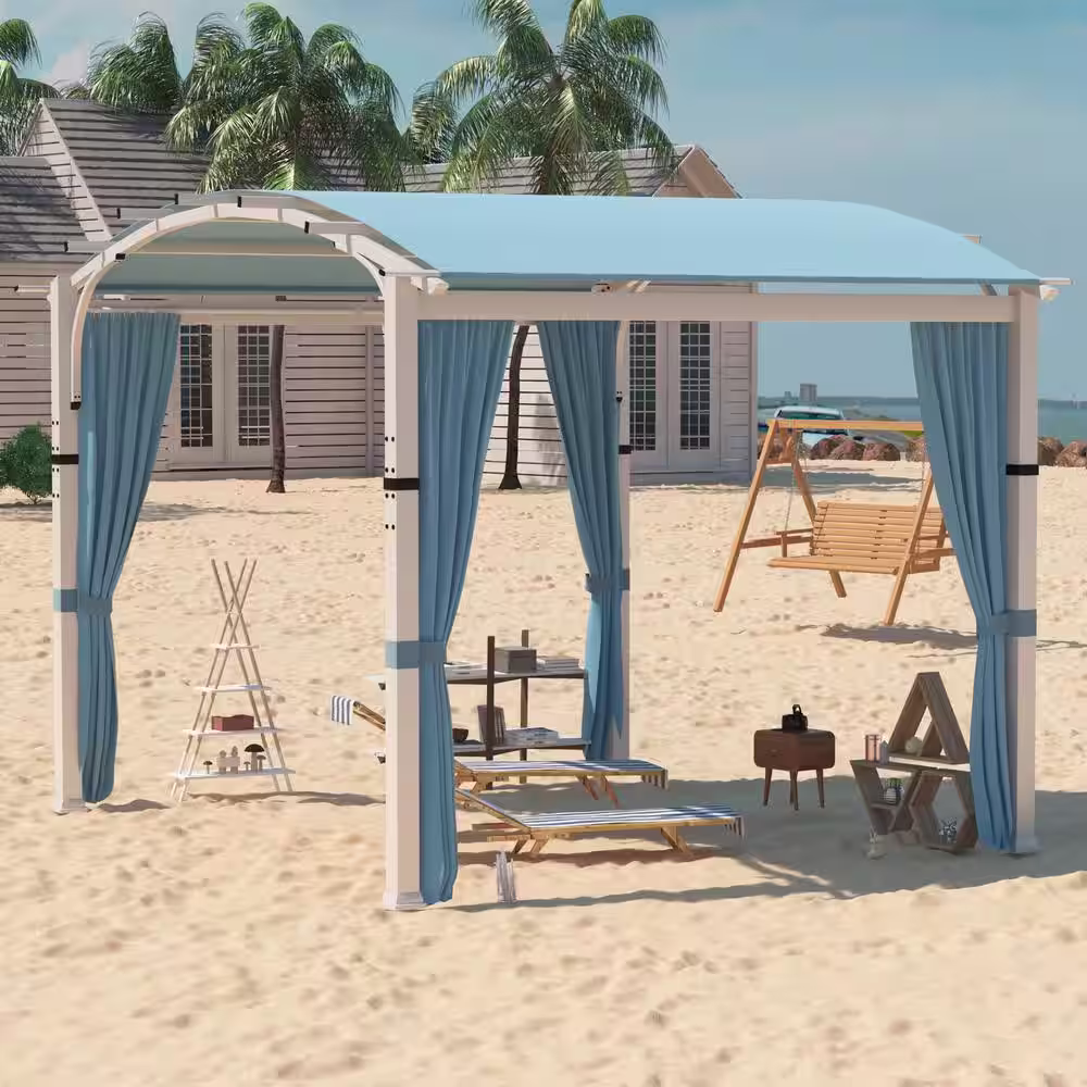 None 10 ft. x 10 ft. White Steel Patio Arched Pergola with Blue Shade Canopy and Curtains