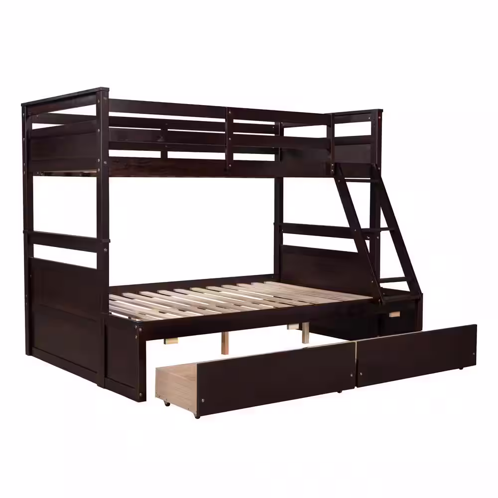 Harper & Bright Designs Espresso Twin over Full Wood Bunk Bed with 2-Drawers