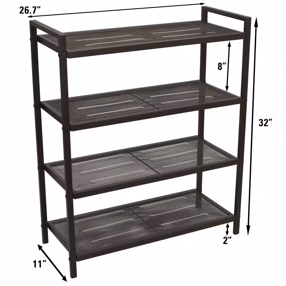HOUSEHOLD ESSENTIALS 26.7 H 12-Pair 4-Tier Brown Metal Shoe Rack