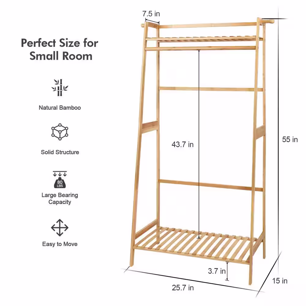 None Brown Bamboo Garment Clothes Rack 25.7 in. W x 55 in. H