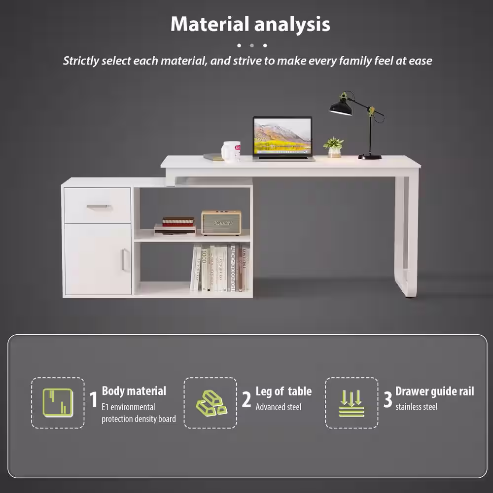 None L-Shaped Wooden Computer Desk, White Finish with 1 Drawer, Open Shelves and Eco-Friendly Paint Finish, 55.1 in. W
