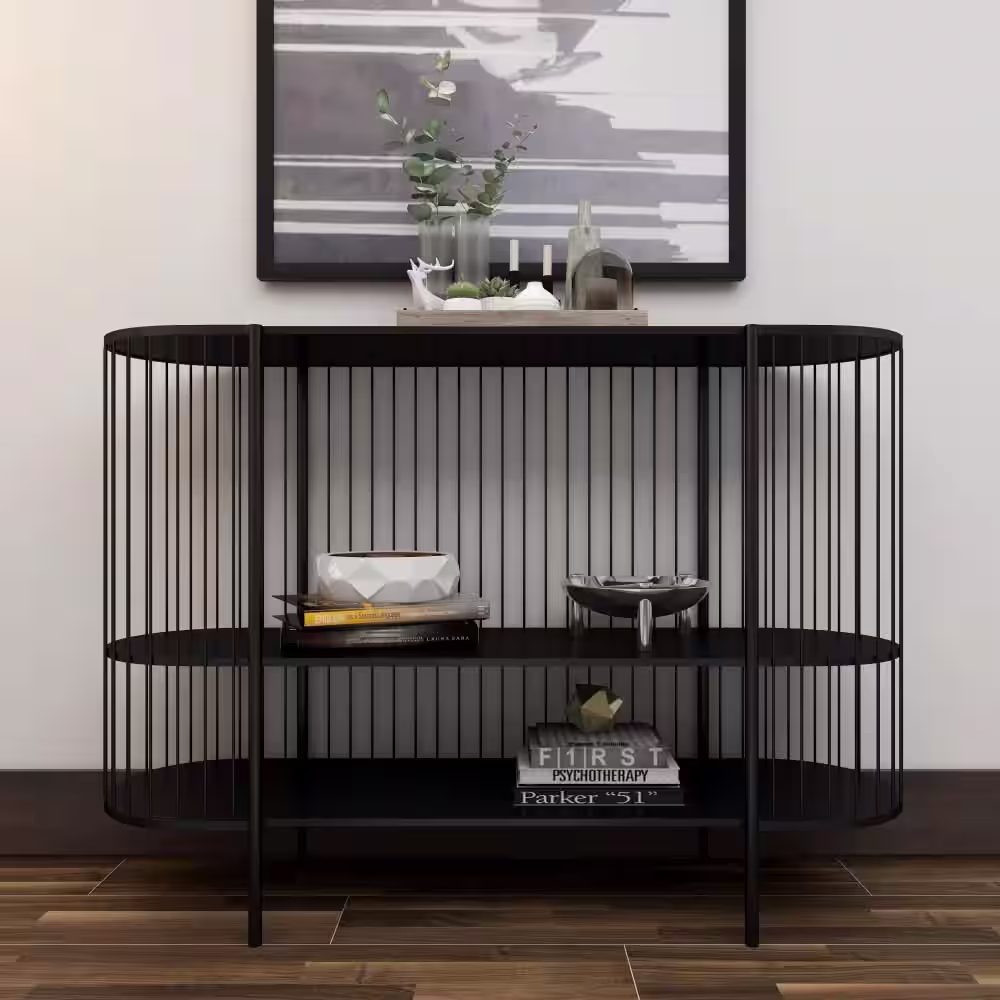 Litton Lane 48 in. Black Extra Large Oval Metal Narrow Open Wire Frame 2 Shelf Console Table