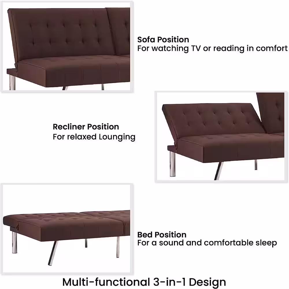 HOMESTOCK Espresso, Linen Tufted Split Back Futon Sofa Bed, Couch Bed, Futon Convertible Sofa Bed with Metal Legs