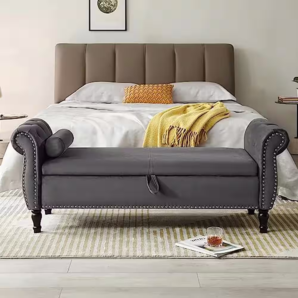 None Gray Velvet Upholstered Ottoman 63 in. Bedroom Bench Tufted Storage Bench with Solid Wood Legs