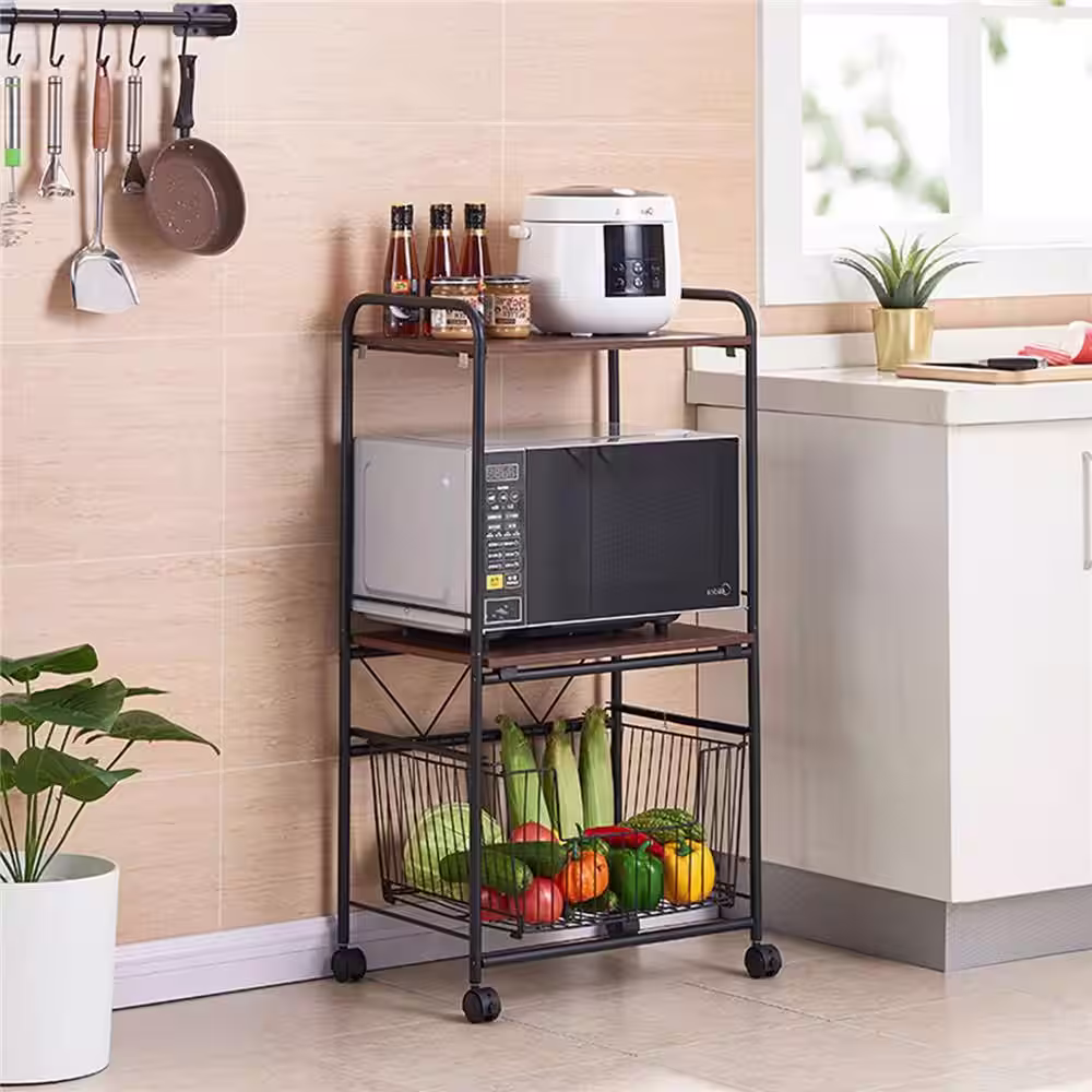 None Black Rolling 3-Tier Metal Wooden Shelving Unit with Basket (19.6 in. W x 43.3 in. H x 14.5 in. D)