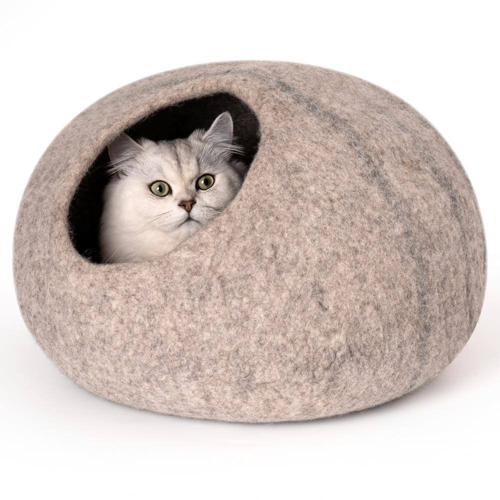 None Beige Wool Cat Cave Bed -Handmade Wool Cat Bed Cave with Mouse Toy