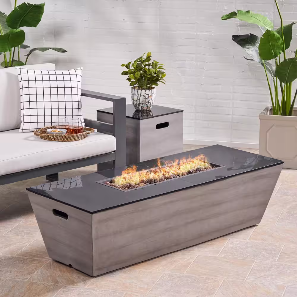 Noble House Langton 16 in. x 20 in. Rectangular Concrete Propane Fire Pit in Dark gray with Tank Holder