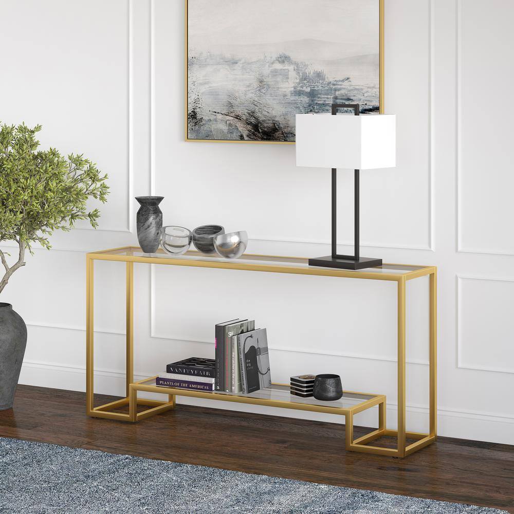 None Athena 64 in. Gold Rectangle Glass Console Table