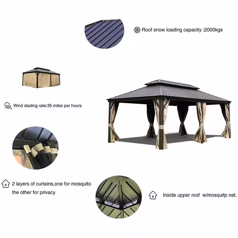 KOZYARD Alexander 12 ft. D x 10 ft. H x 20 ft. W Hardtop Double-Roof Aluminum Gazebo with Privacy Curtain and Mosquito Net