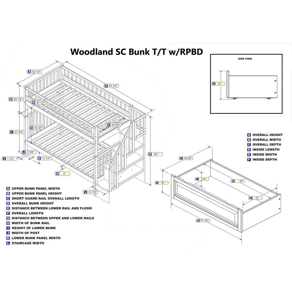 AFI Woodland Staircase Bunk Bed Twin over Twin with 2 Raised Panel Bed Drawers in White