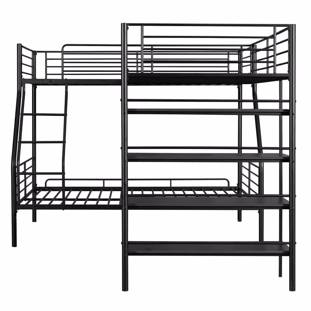Harper & Bright Designs L-shaped Black Twin and Twin over Full Metal Triple Bunk Bed with 4 Built-in Shelves