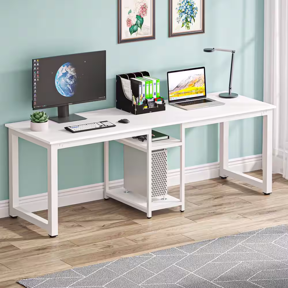TRIBESIGNS WAY TO ORIGIN Halseey 78 in. Rectangular White Wood Computer Desk Two Person Writing Desk with Metal Frame and Storage Shelves