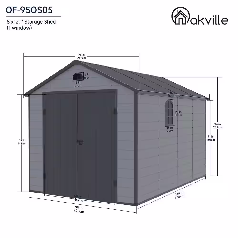 None 8 ft. W x 12.1 ft. D Plastic Outdoor Patio Storage Shed with Floor and Lockable Door Coverage Area 96.8 sq. ft.