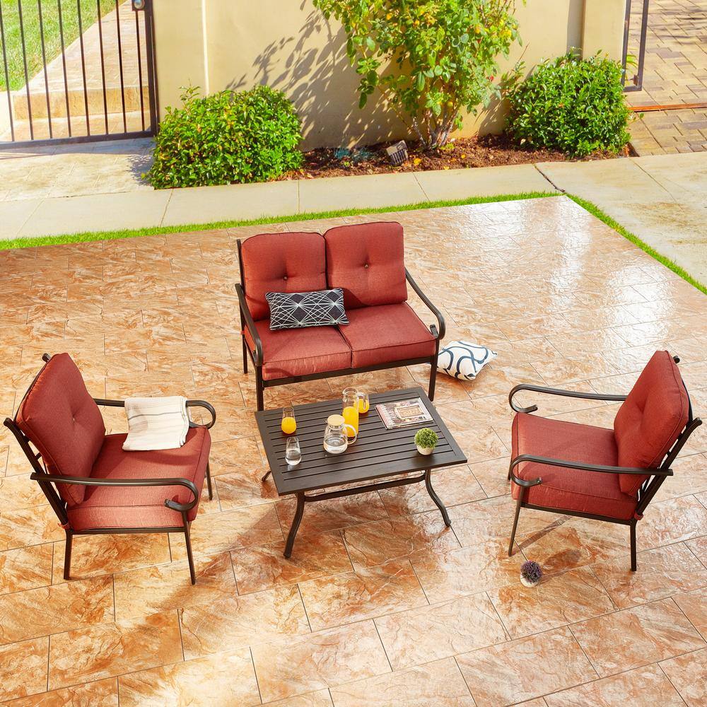 TOP HOME SPACE Black 4-Piece Metal Patio Conversation Set with 6.3 in. Red Cushions