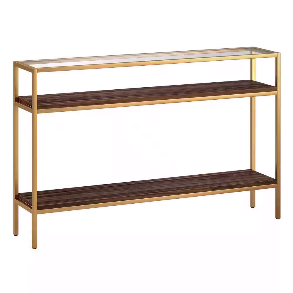 None Felicia 47.6 in. Gold Walnut Rectangle Glass Console Table