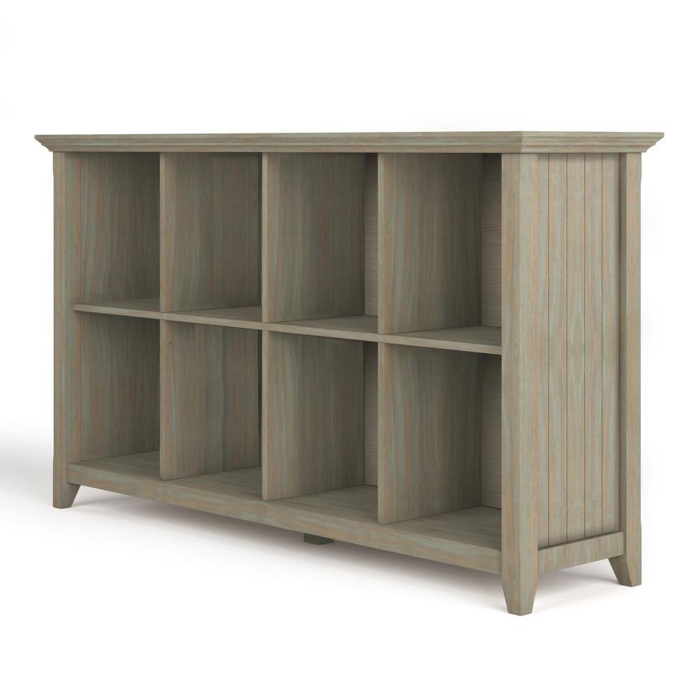 Simpli Home Acadian Solid Wood 33 in. x 57 in. Transitional 8 Cube Storage Sofa Table in Distressed Grey