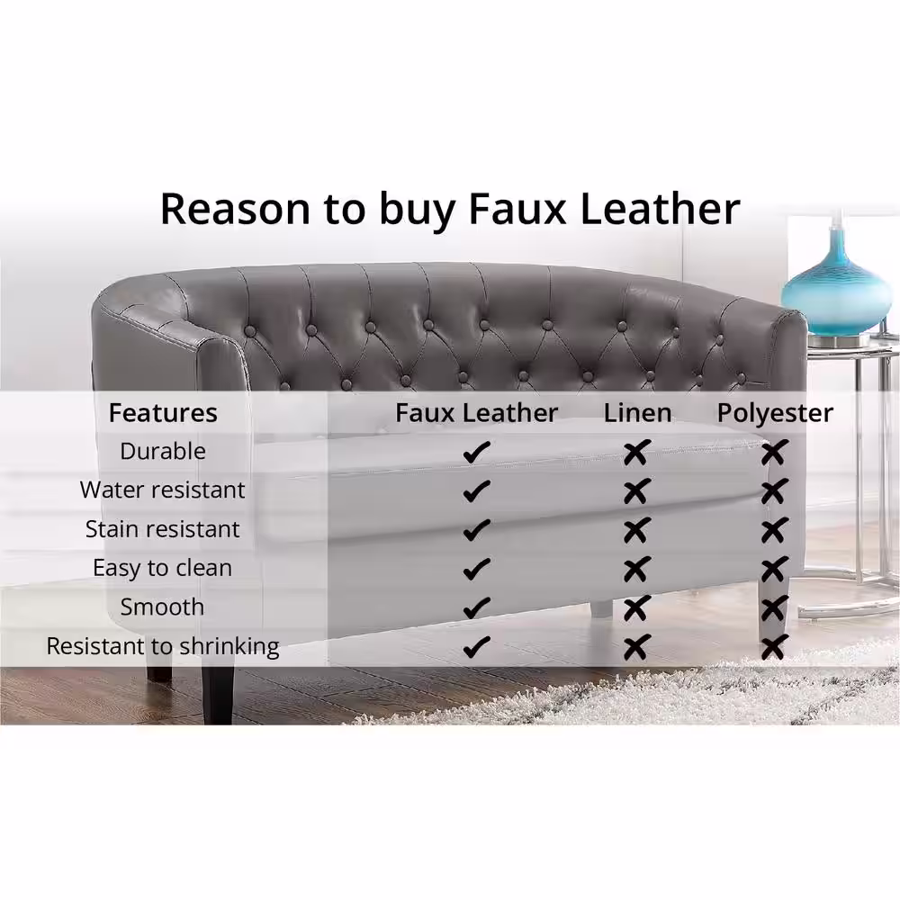 None 48 in. Black Love Seat, Button Tufted Faux Leather Barrel Loveseat, Midcentury Modern 2 Seater Couch, Small Loveseat