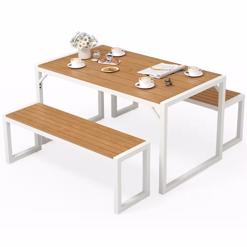 DEXTRUS 3-Piece Patio Dining Set with Rectangular Table and Two Long Benches