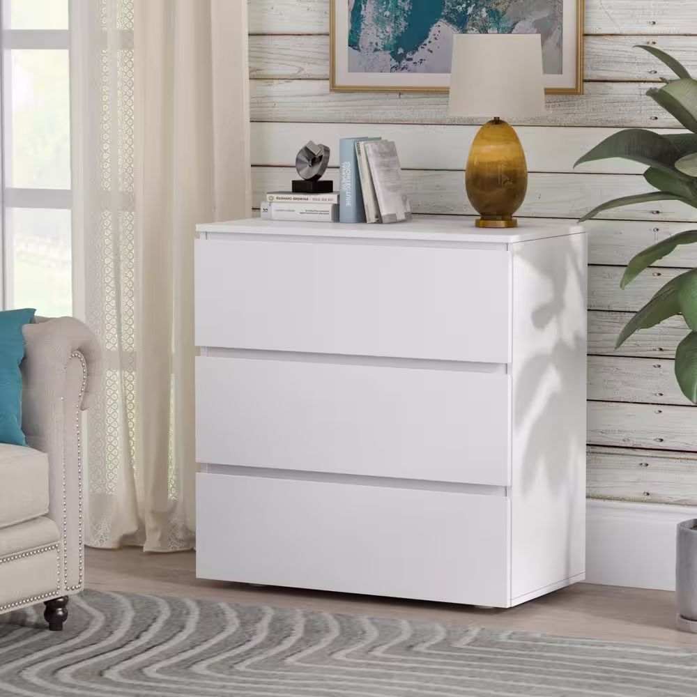 None 3-Drawer White Wood Nightstand End Table 30.3 in. W x 32.3 in. H x 15.7 in. D