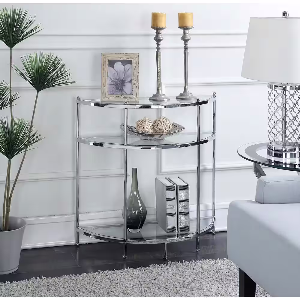 Convenience Concepts Royal Crest 30.75in Chrome Standard Height Half-Circle Glass Top Console Table with 3-Tiers