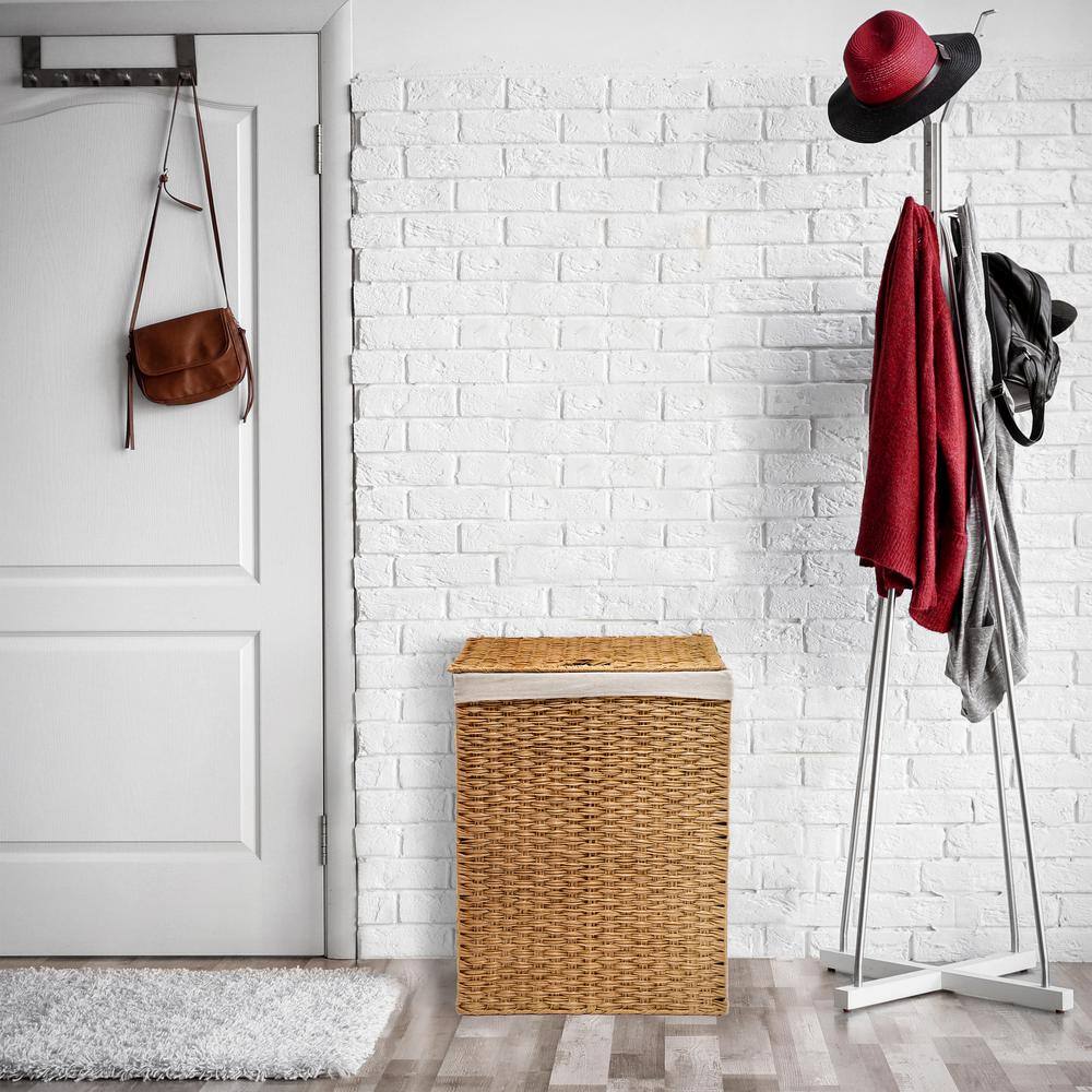 Seville Classics Lidded Rectangular Tan Collapsible Plastic Wicker Laundry Hamper Basket with Washable Liner