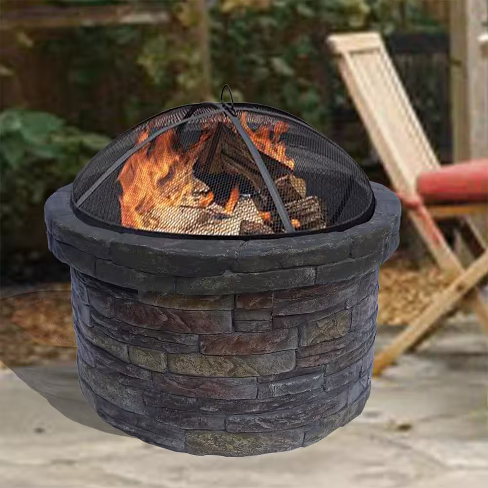 Teamson Home 27 in. Outdoor Round Stone Wood Burning Fire Pit in Gray with Cover