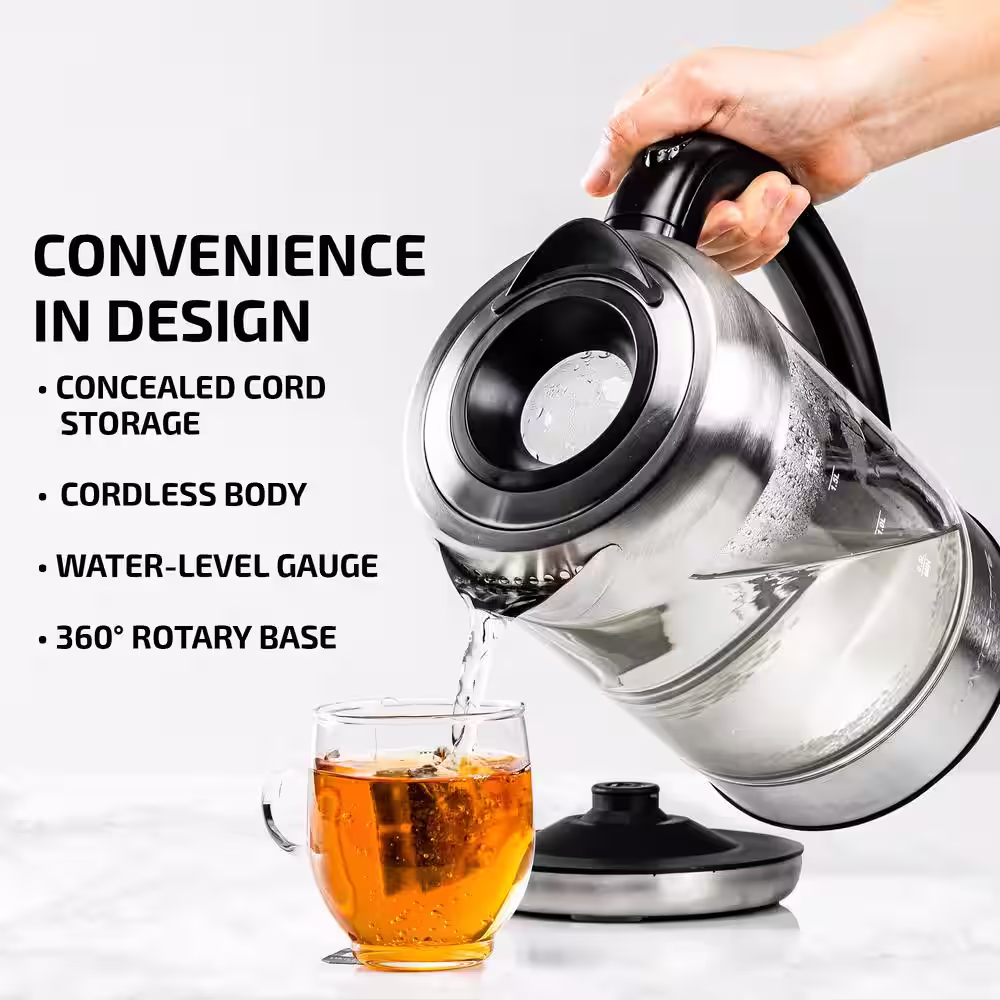 OVENTE 7-Cup 1.7 l Silver Glass Electric Kettle with ProntoFill Technology-Fill Up with Lid On