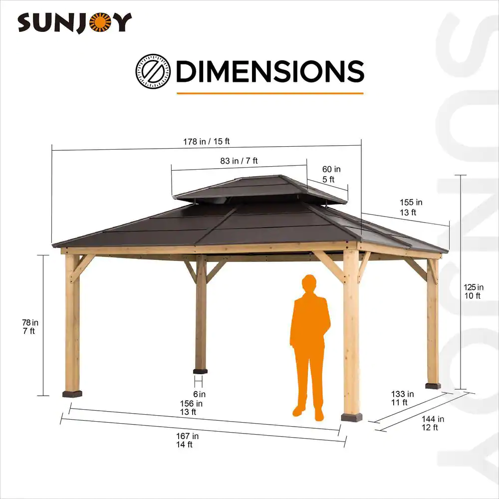 Sunjoy Myla 13 ft. x 15 ft. Cedar Gazebo with Brown Steel 2-Tier Hip Roof Hardtop