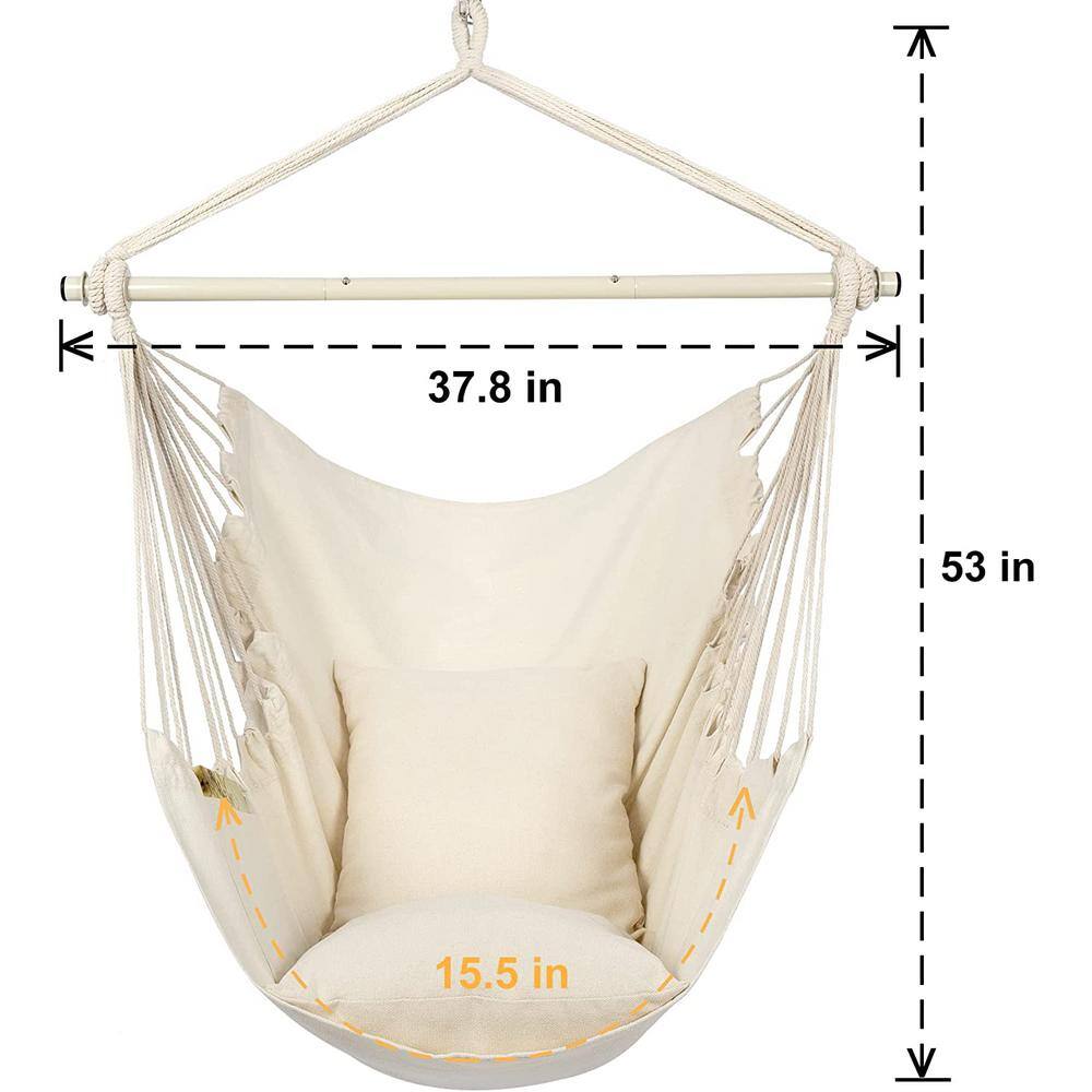 None Hammock Chair Hanging Rope Swing, Maximum 500 lbs. 2-Seat Cushions Included, Quality Cotton Weave in Beige
