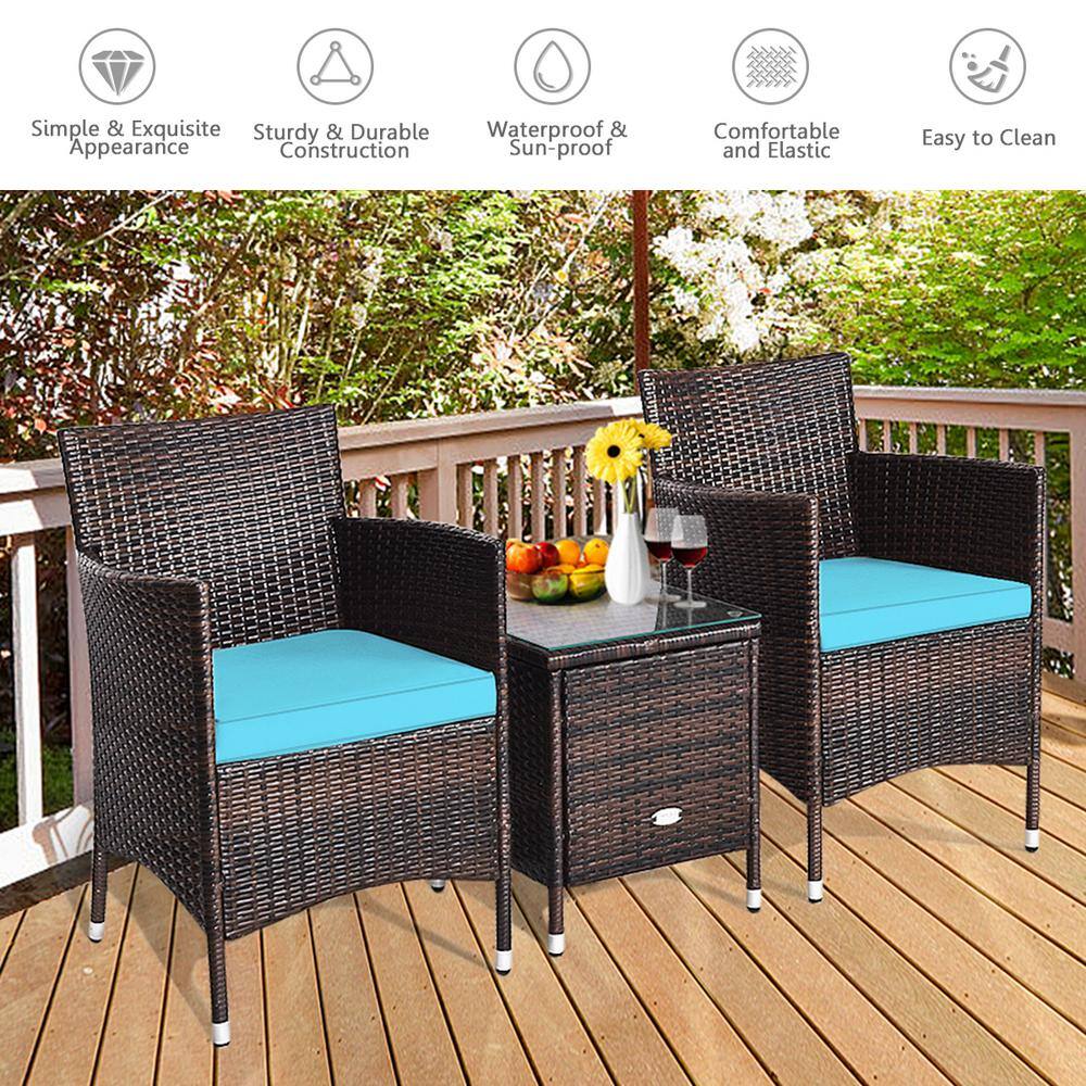 None 3-Piece Plastic Wicker Patio Conversation Set with Turquoise Cushions