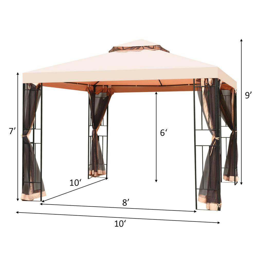 ANGELES HOME 10 ft. x 10 ft. Light Brown 2-Tier Vented Metal Canopy with Mosquito Netting