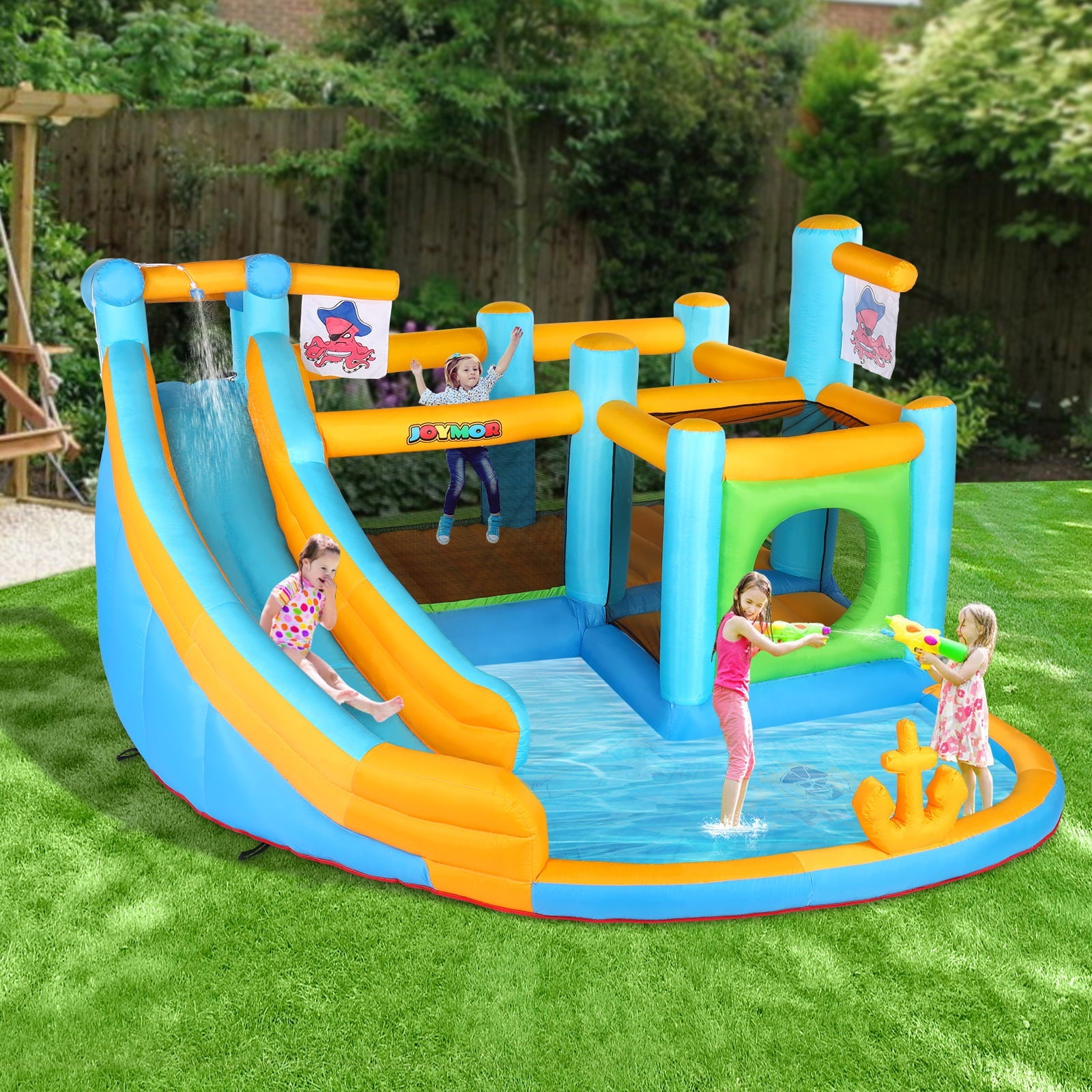 JOYMOR Inflatable Water Slide Park, Pirate Themed Bounce House w/ Obstacle Course, Water Cannon, Splash Pool, Water Slide Bouncer Castle Outdoor Backyard Playhouse for Age 3-12 Kids (Included Blower)