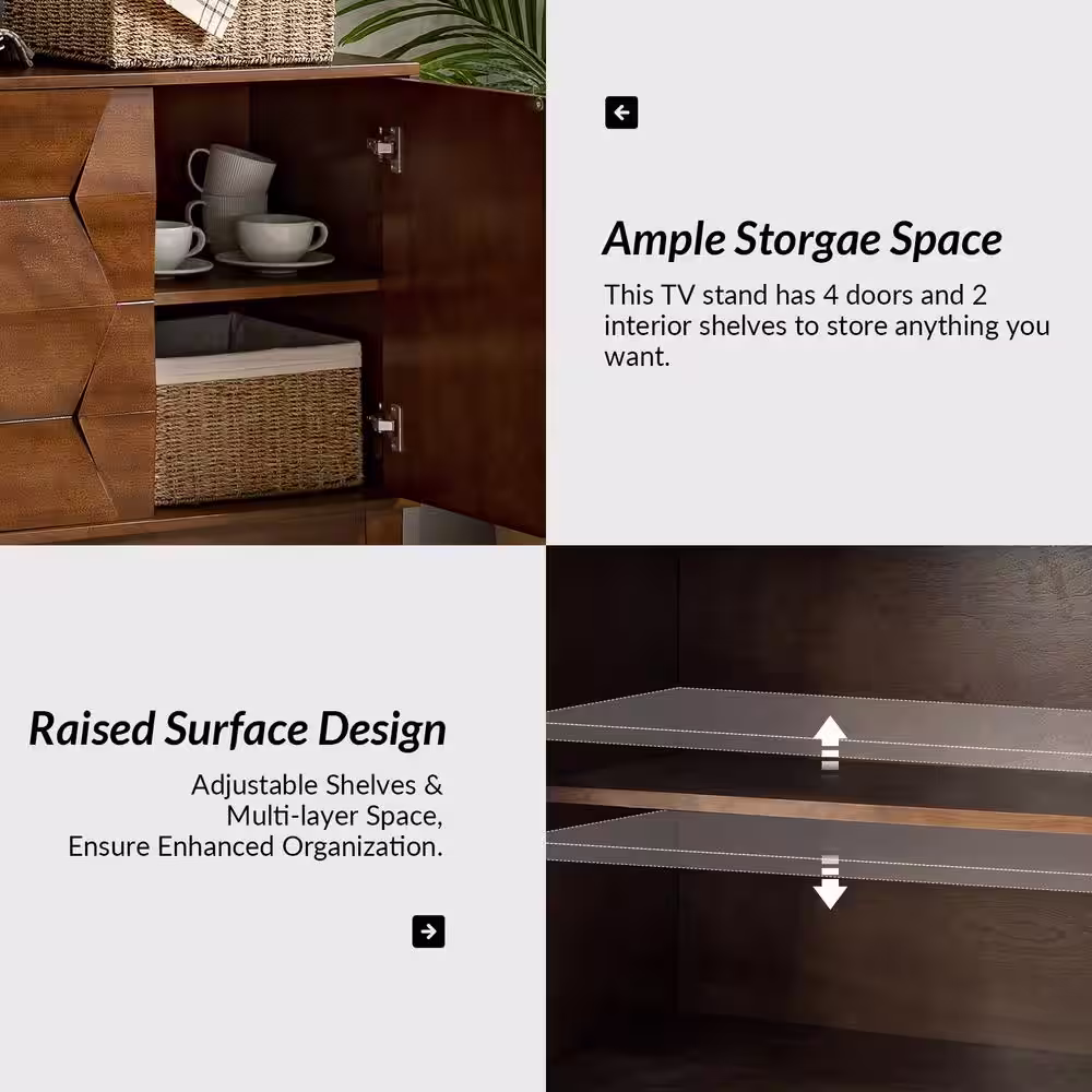 JAYDEN CREATION Kamis Modern Walnut 60 in. Hexagonal Embellishments Sideboard with Solid Wood Legs