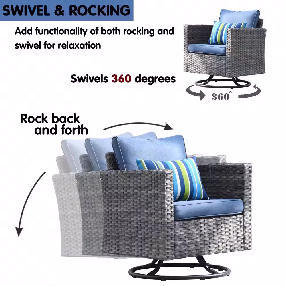 XIZZI Megon Holly Gray 3-Piece Wicker Patio Conversation Seating Sofa Set with Denim Blue Cushions and Swivel Rocking Chairs