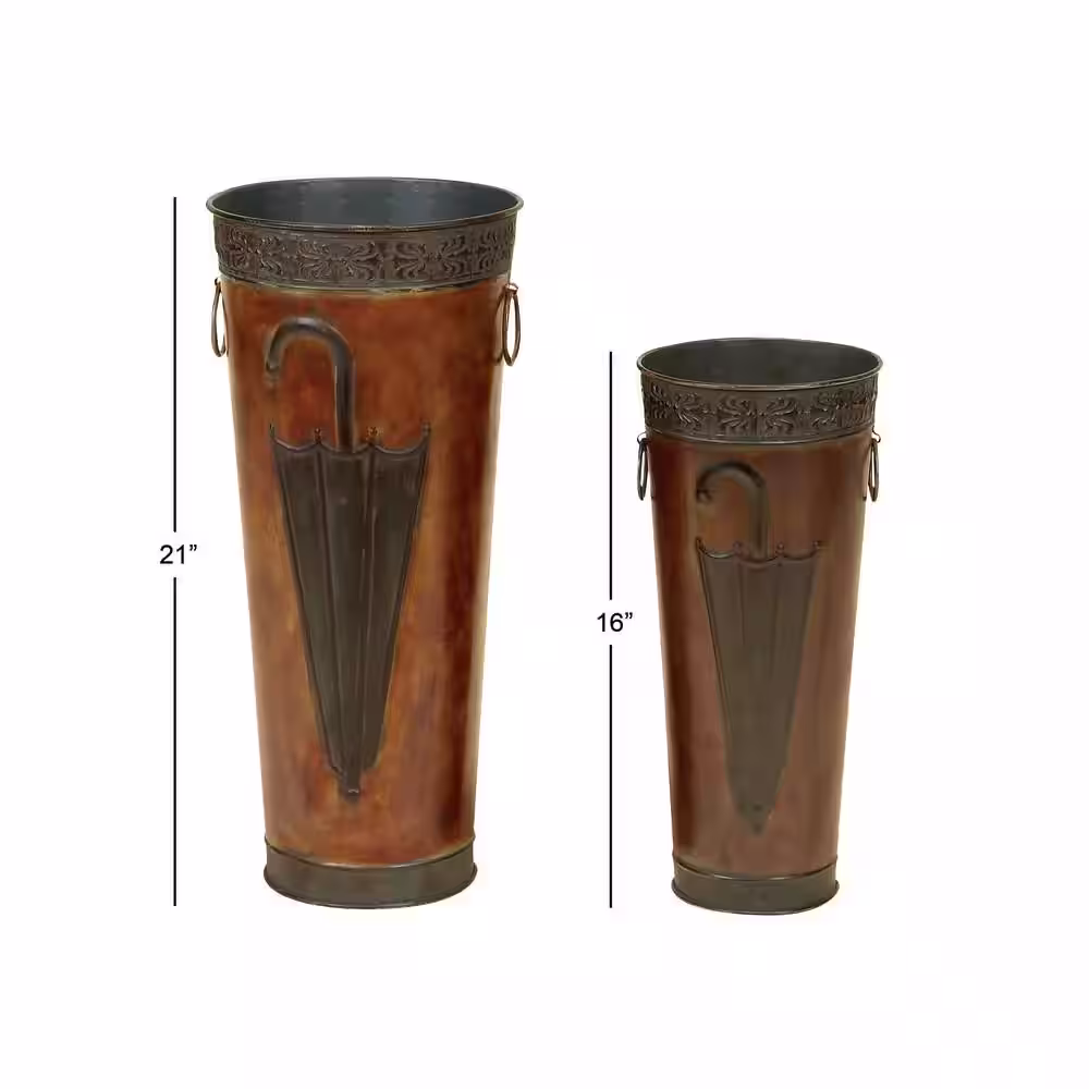 Litton Lane Brown Metal Umbrella Stand with Umbrella Image and Handles (Set of 2)