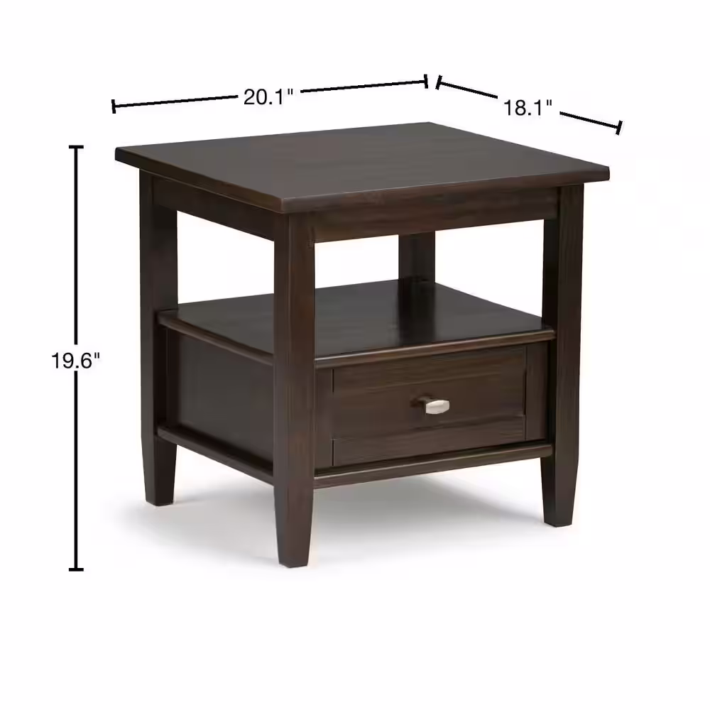 Simpli Home Warm Shaker Solid Wood 20 in. Wide Rectangle Transitional End Side Table in Tobacco Brown