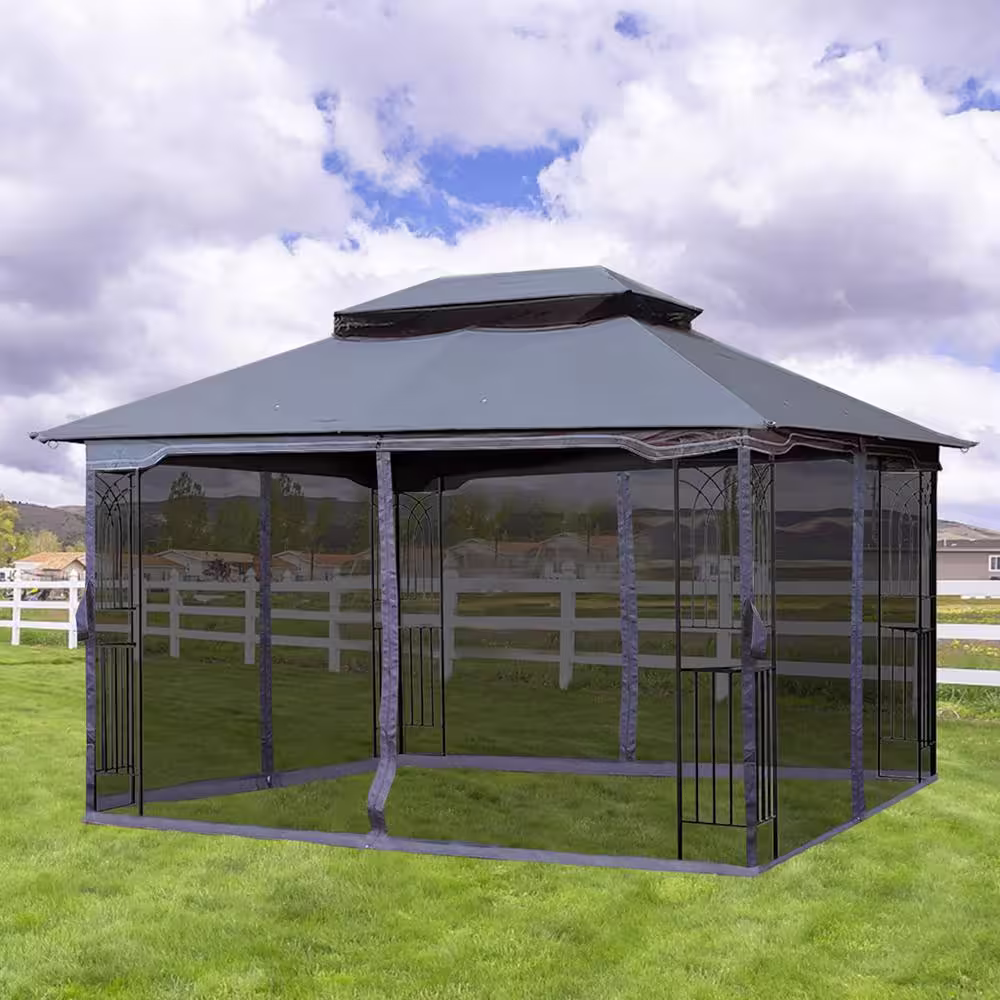 None 13 ft. x 10 ft. Gray Top Patio Gazebo Canopy Tent With Ventilated Double Roof and Mosquito Net