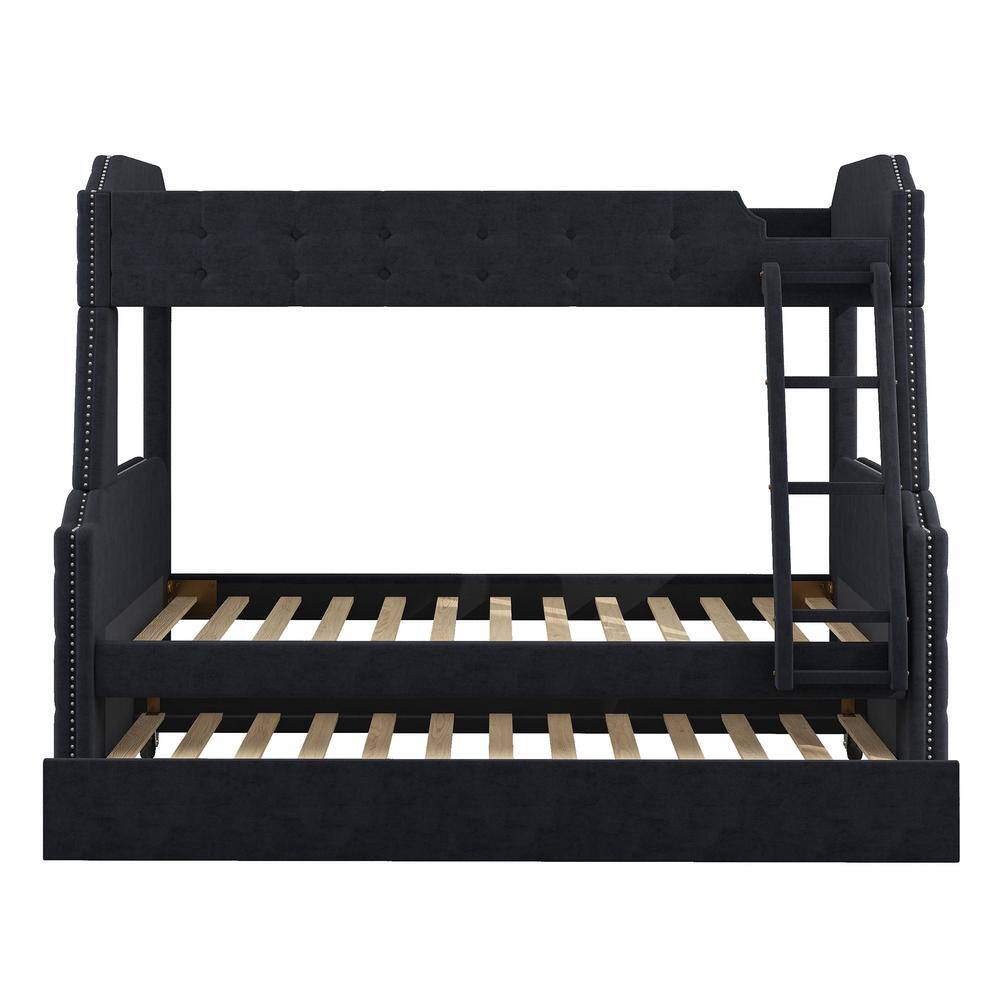 Polibi Black Twin over Full Upholstered Bunk Bed with Trundle and Ladder, Tufted Button Design