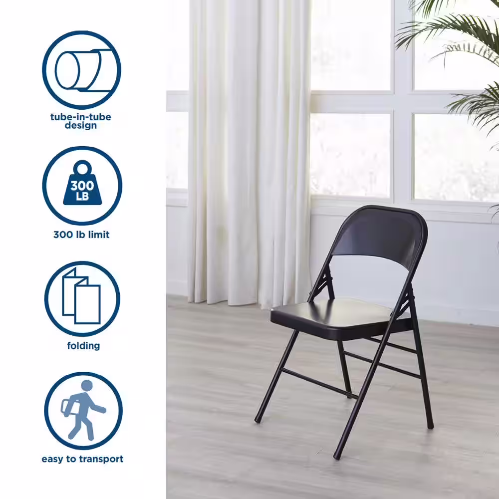 COSCO Bridgeport XL All-Steel Commercial Folding Chair, 300 lb. Weight Rating, Triple Brace, Black, 4-Pack