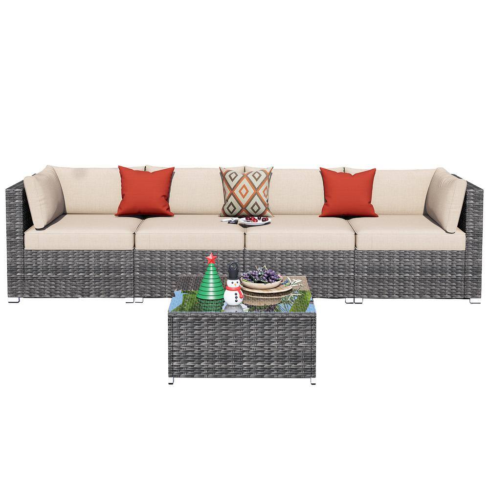 HOOOWOOO Messi Grey 5-Piece Wicker Outdoor Patio Conversation Sofa Seating Set with Beige Cushions
