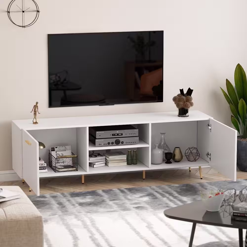 None 69 in. W White Wood Entertainment Center TV Stand Console with Door Storage Cabinet for TV up to 75 in.