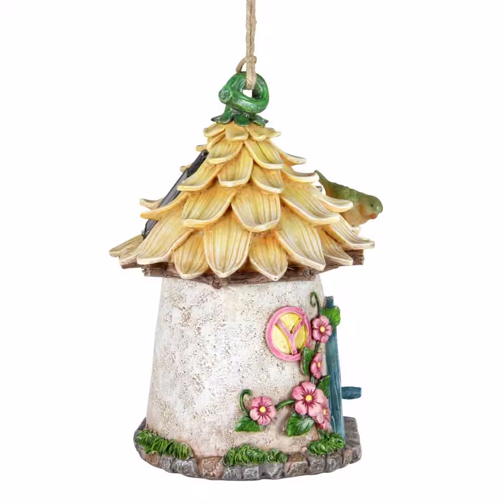 Exhart 6.5 in. x 9 in. Resin Solar Hand Painted Hanging Fairy House with Illuminating Bird Birdhouse
