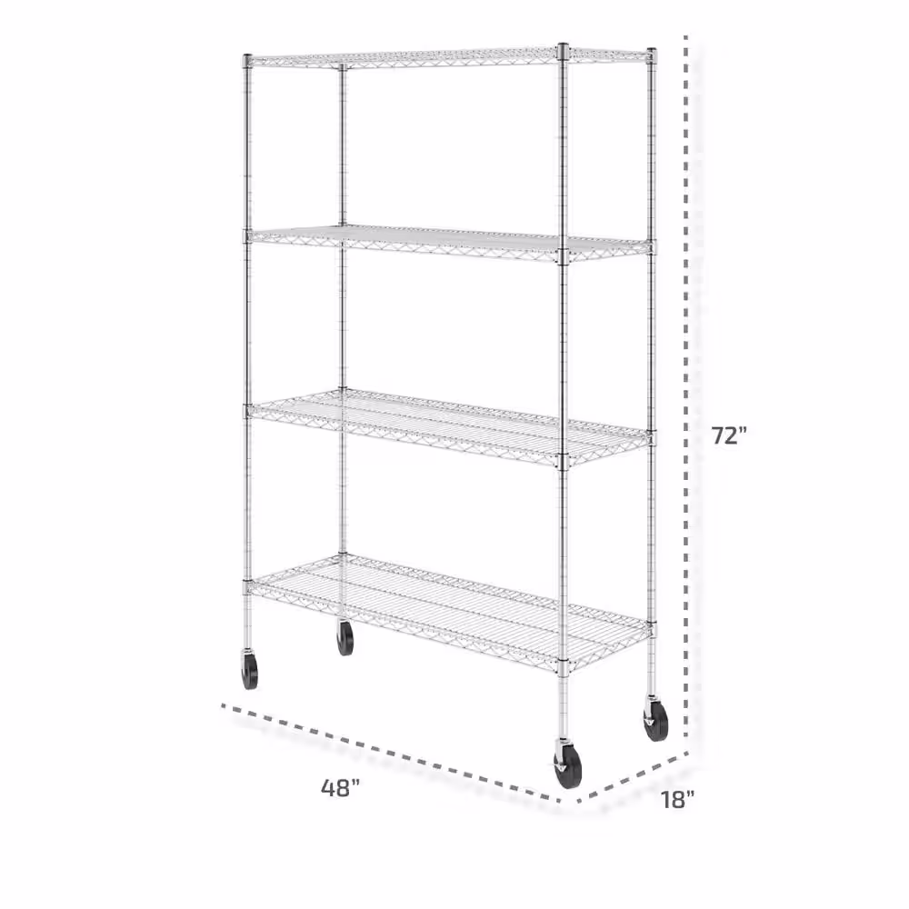 SafeRacks 72 in. H x 48 in. W x 18 in. D NSF 4-Tier Wire Chrome Shelving Rack with Wheels