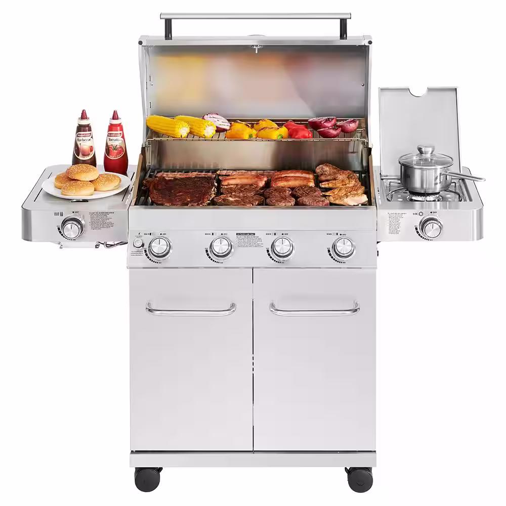 Monument Grills 4-Burner Propane Gas Grill in Stainless with LED Controls, Side and Side Sear Burners