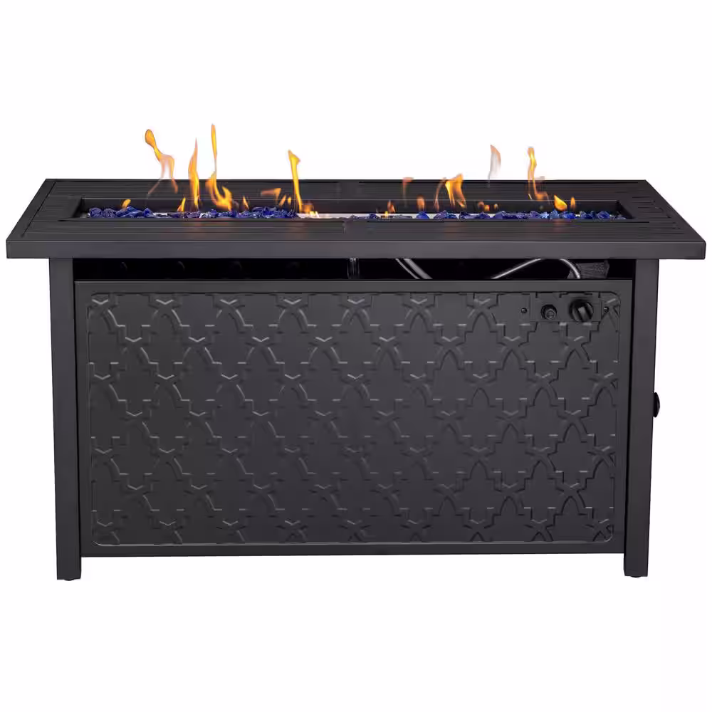 None Leather Grain 44.88 in. x 24.8 in. 50,000 BTU Rectangle Metal Gas Fire Pit Table with Lid and Blue Fire Glass