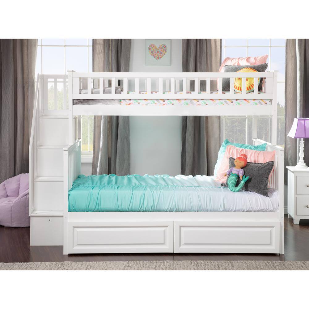 AFI Woodland Staircase Bunk Bed Twin over Full with 2 Raised Panel Bed Drawers in White